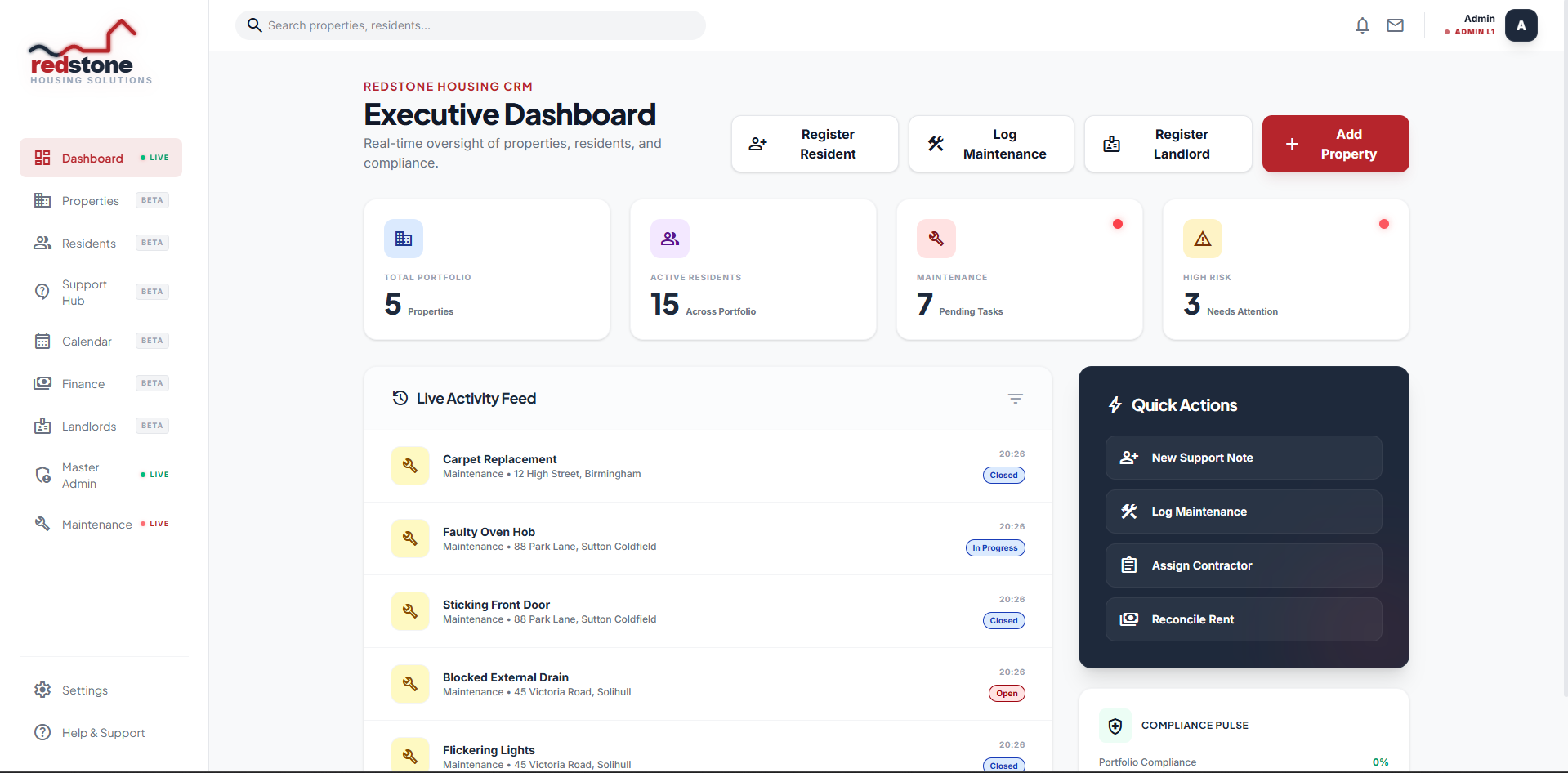 Redstone Housing CRM dashboard