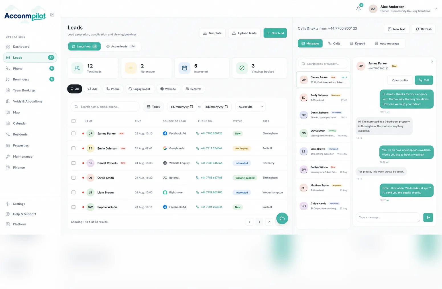 AccomPilot leads hub with built-in calls and texts
