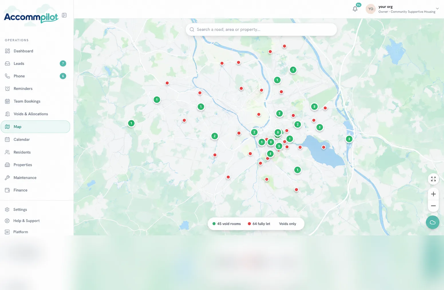 AccomPilot portfolio map showing void and fully-let rooms