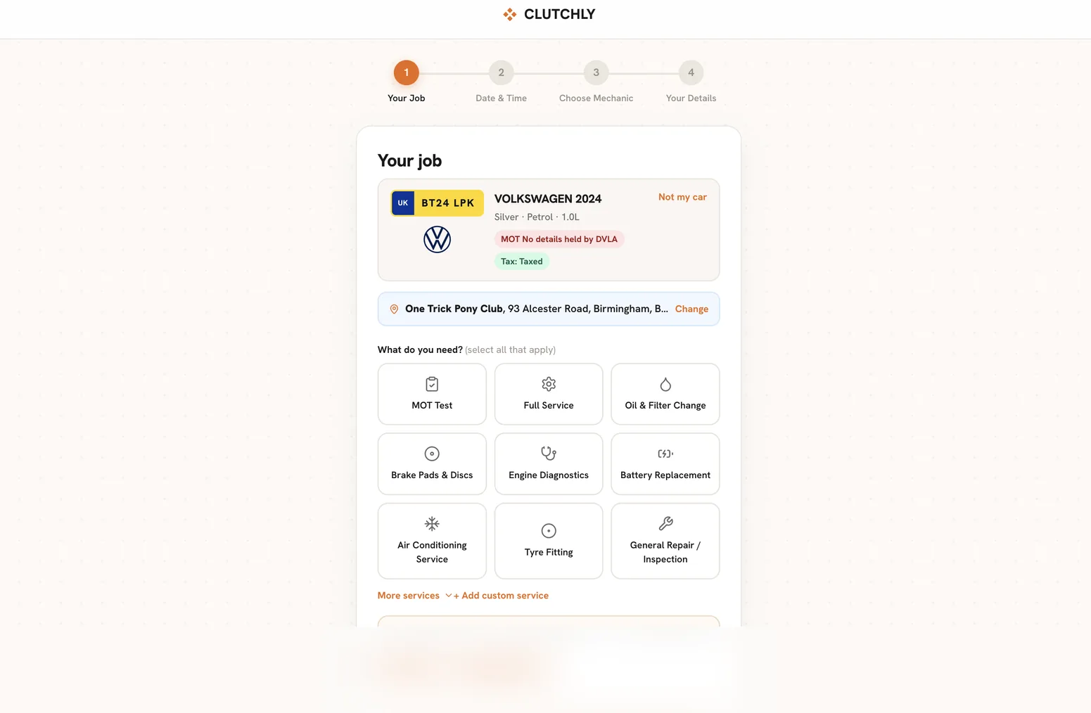 Clutchly booking flow with DVLA vehicle lookup and service selection