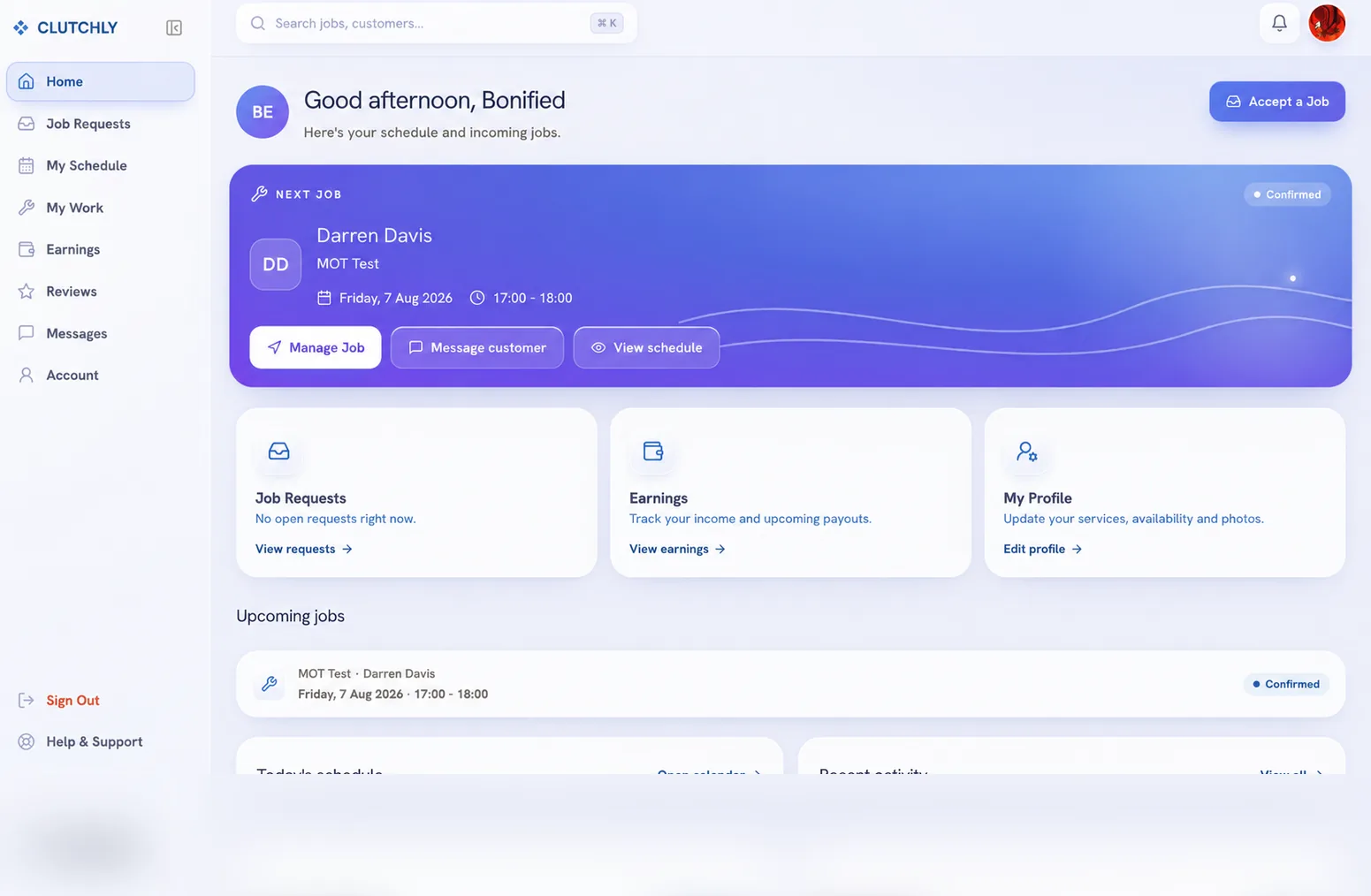 Clutchly mechanic dashboard with jobs, schedule and earnings
