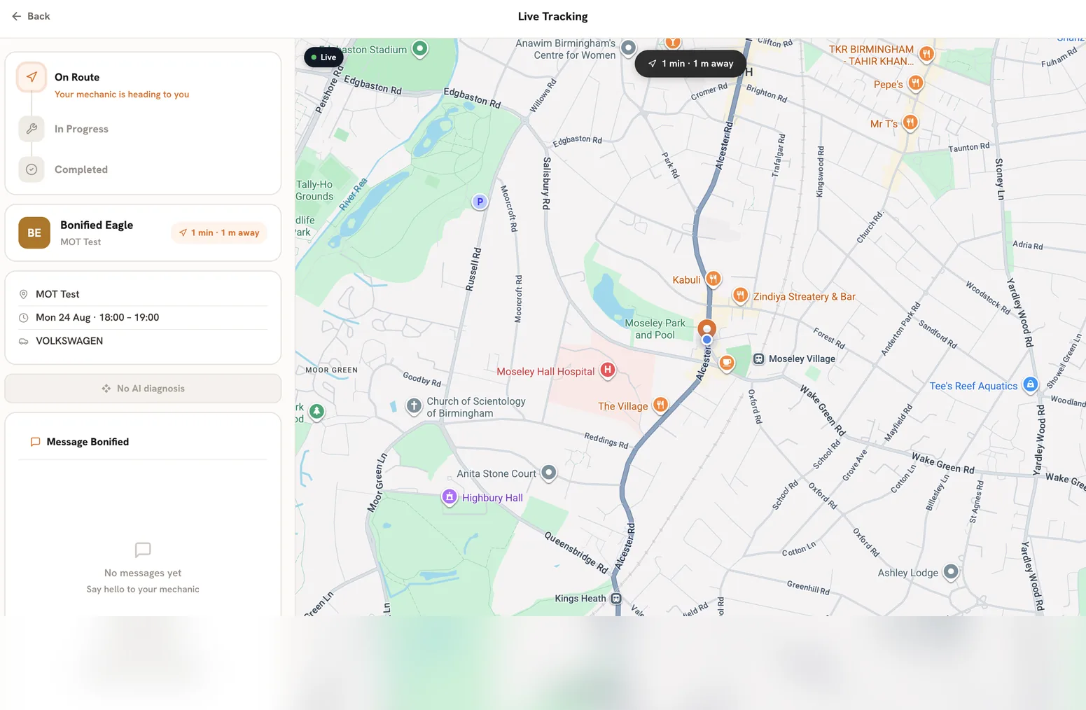 Clutchly live mechanic tracking on a Birmingham map