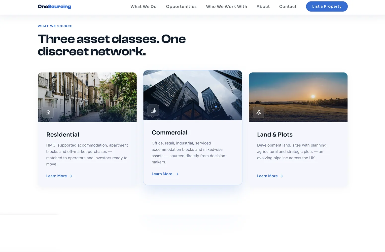 OneSourcing asset classes — residential, commercial, land and plots