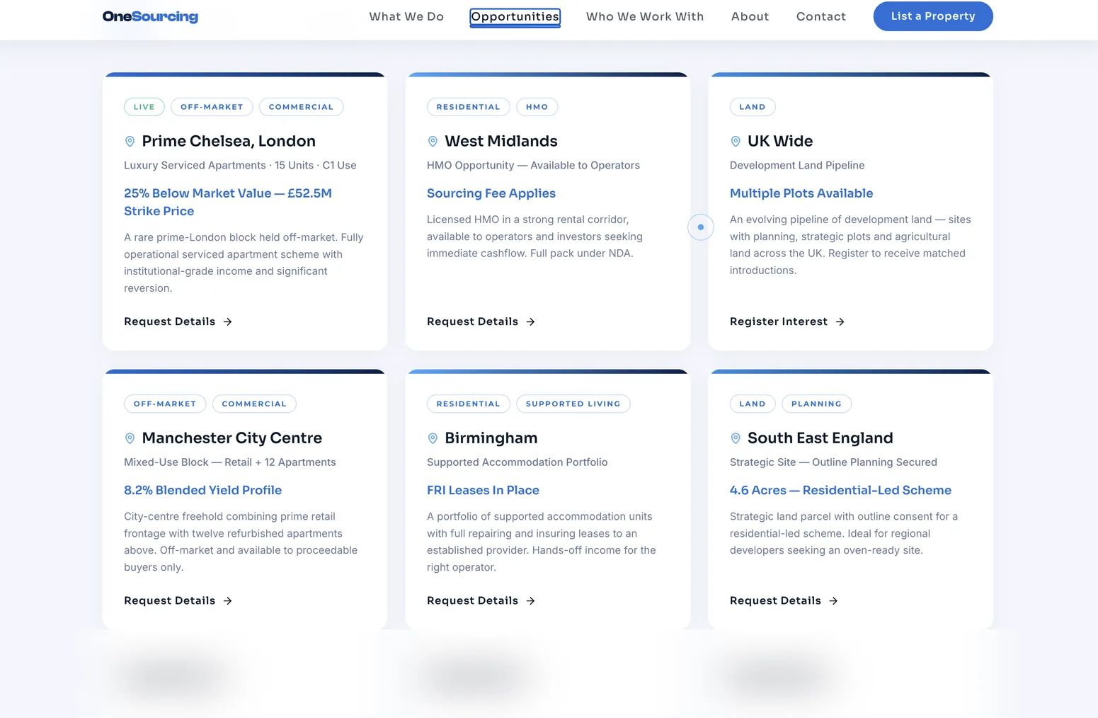OneSourcing live opportunities board with off-market deals